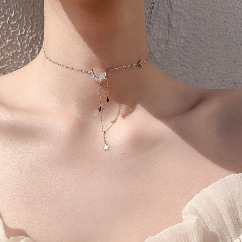 *925 Sterling Silver Diamond Moon Star Necklace A - Picture 4 of 6